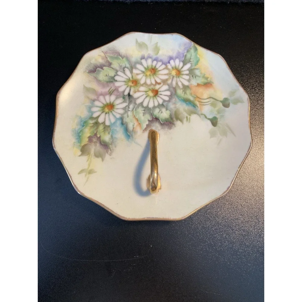Vintage‎ Hand Painted Porcelain Handled Dish Daisy Floral Gold Trim Signed 1976